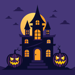 halloween background with house and pumpkin Haunted House with Glowing Jack-o'-Lanterns – Spooky Halloween Vector Design