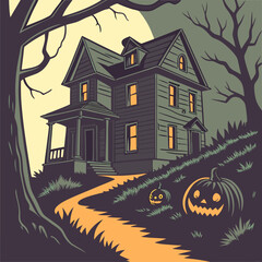 halloween background with house and pumpkin Haunted House with Glowing Jack-o'-Lanterns &ndash; Spooky Halloween Vector Design