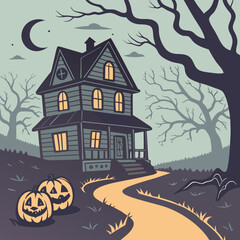 halloween background with house and pumpkin Haunted House with Glowing Jack-o'-Lanterns – Spooky Halloween Vector Design