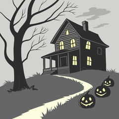 halloween background with house and pumpkin Haunted House with Glowing Jack-o'-Lanterns – Spooky Halloween Vector Design