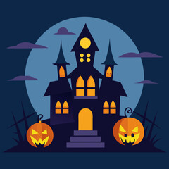 halloween background with house and pumpkin Haunted House with Glowing Jack-o'-Lanterns – Spooky Halloween Vector Design