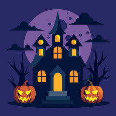 halloween background with house and pumpkin Haunted House with Glowing Jack-o'-Lanterns – Spooky Halloween Vector Design