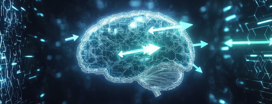 Futuristic depiction of a glowing holographic brain with neural connections - Powered by Adobe