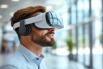 Man using virtual reality headset in modern space, immersed in digital experience, showcasing innovative technology and future trends.