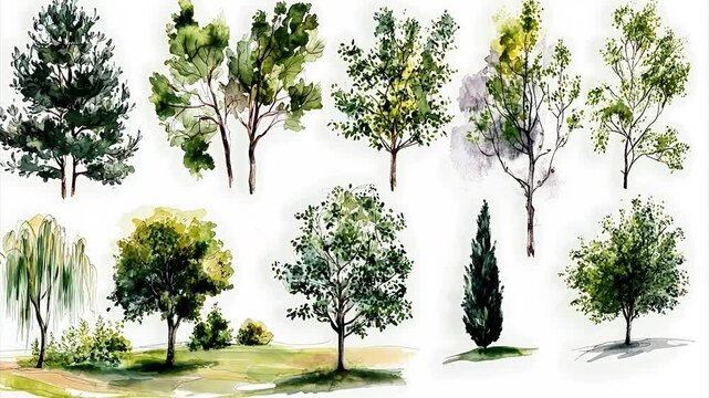 Watercolor painting of various tree types, showcasing diverse foliage and shapes