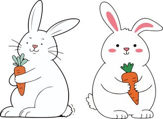 Two Cute Rabbits Holding Carrots