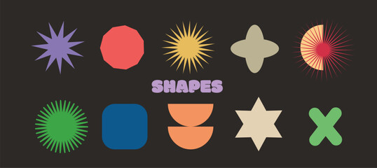 Cool Abstract Geometric Shapes. Trendy Y2K Retro Badges Vector Design. Sticker Label Elements. Minimal Frame Patch.
