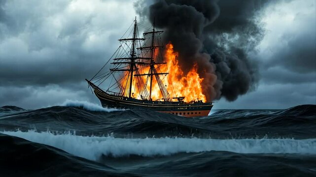 Burning sailing ship engulfed in flames amidst stormy sea