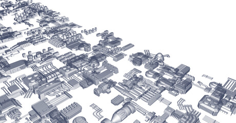Abstract blue wireframe of futuristic technology components