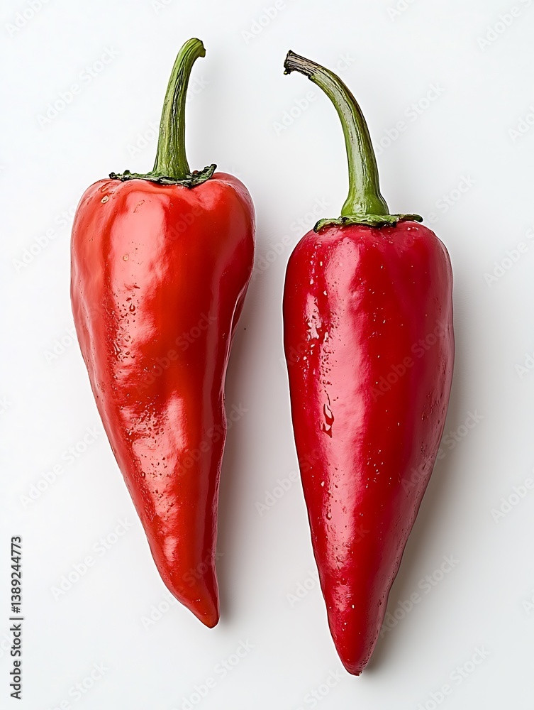 Poster pair of vibrant red elongated chili peppers resting on a minimalist white surface highlighting their