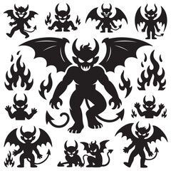 Demon devil and hell silhouettes set, large pack of Silhouette Vector Black Illustration. with white background
