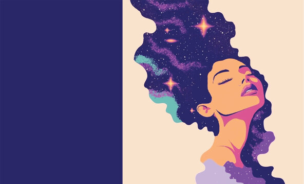 Disco woman retro flyer copyspace negative space design with vintage look in purple and beige with stars and flowing hair model for club dance party event web print design backdrop background graphic