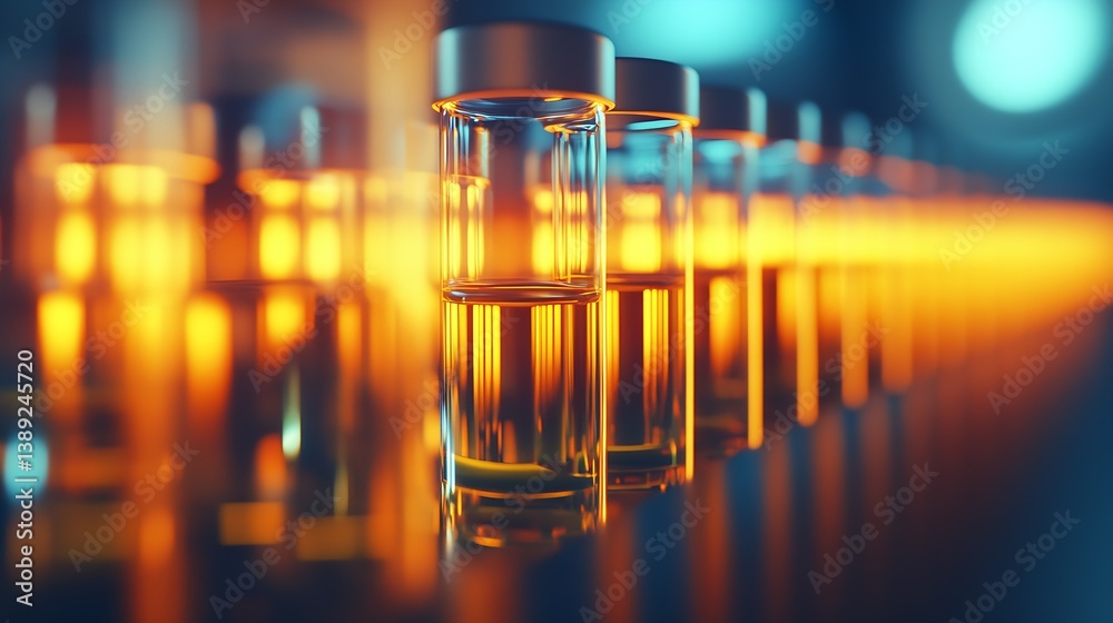 Poster glistening glass test tubes filled with amber liquid creating a stunning visual effect with light re