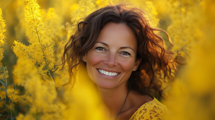 Portrait of a smiling woman surrounded by yellow flowers
