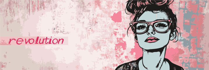 Vector illustration of woman power, revolution, girl power, feminism, banner flyer cartoon with street art grunge style faded retro vintage drawing with comic style graphics