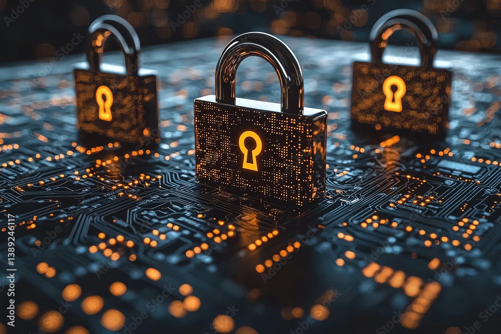 Poster Three digital locks illuminated against a circuit board, symbolizing cybersecurity and data protection in technology-focused environments.