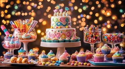 Fototapeta premium Colorful Children’s Day Dessert Table with Whimsical Cake and Sweets