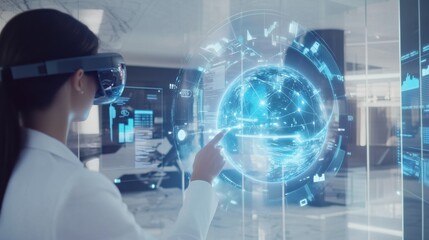 Futuristic holographic interface with businesswoman using AR glasses &mdash; blue tech innovation background