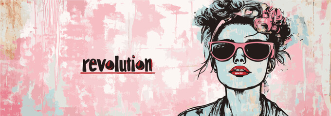 Vector illustration of woman power, revolution, girl power, feminism, banner flyer cartoon with street art grunge style faded retro vintage drawing as cartoon comic graphic