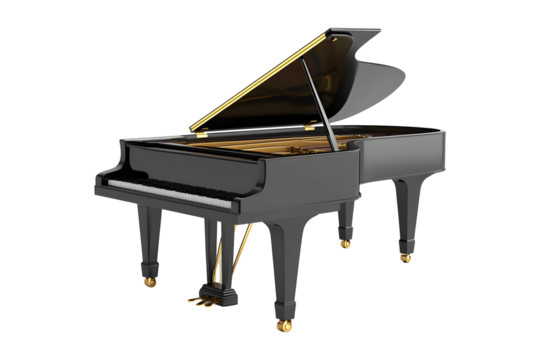 Luxury black grand piano isolated on transparent background