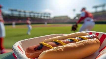 Grilled Hot Dog with Mustard at Baseball Stadium on Sunny Day