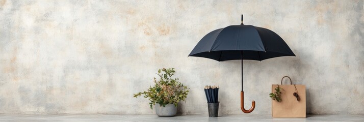 Obraz premium Umbrella, plant, and gift bag on a textured wall
