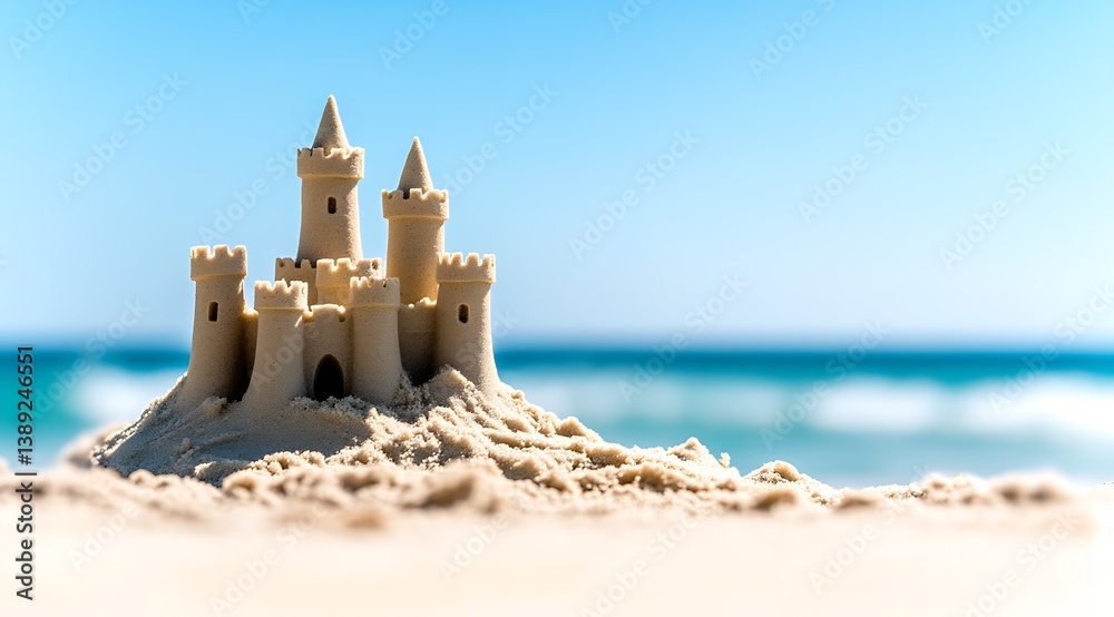 Aufkleber exquisite sand castle displayed on a sunny beach with lush ocean and sky in the backdrop : generativ