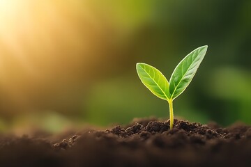 Fototapeta premium Fresh green plant seedling with two leaves breaking through fertile soil in early morning light : Generative AI