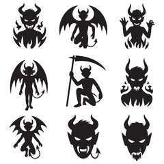 Demon devil and hell silhouettes set, large pack of Silhouette Vector Black Illustration. with white background