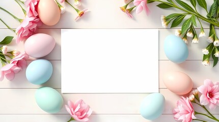 Pastel flat lay of pink, mint, and blue Easter eggs surrounding a blank white card on light wood. Soft shadows, floral touches, Ultra HD, clean layout perfect for text or branding