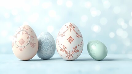 Stylized pastel Easter eggs with ornate patterns and glitter, set on a textured powder blue background. Left side clean for text. Soft bokeh, watercolor look, ultra HD clarity