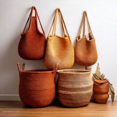 Fototapeta premium A boho-style woven wall basket set