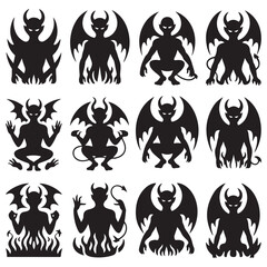 Demon devil and hell silhouettes set, large pack of Silhouette Vector Black Illustration. with white background