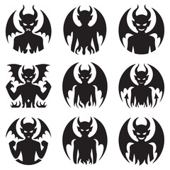 Demon devil and hell silhouettes set, large pack of Silhouette Vector Black Illustration. with white background
