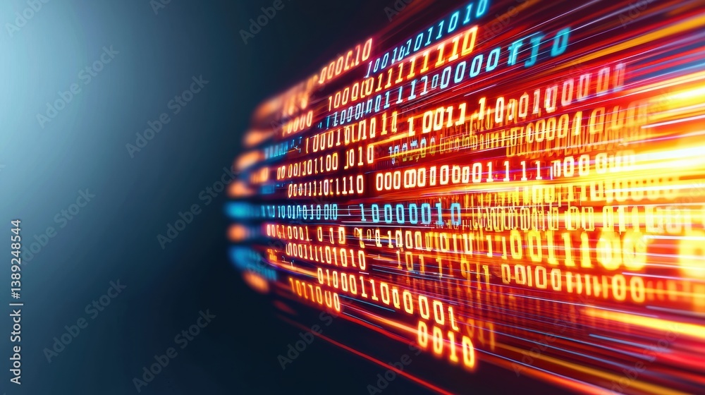 Poster Vibrant digital data flow represented by glowing binary code, showcasing the dynamic nature of information in modern computing.