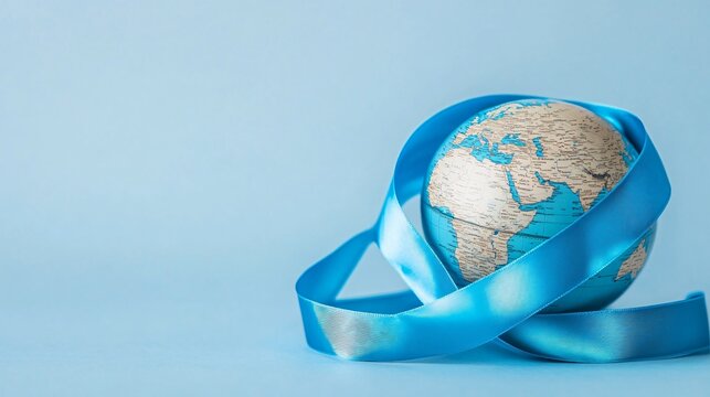 A blue ribbon wrapped around a globe, symbolizing global support for bipolar awareness