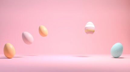 Ultra HD 3D render of floating pastel Easter eggs on a soft gradient background. Elegant, minimal composition with gentle shadows and clean space for text or branding