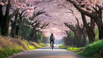 A cyclist rides through a tunnel of cherry blossom trees