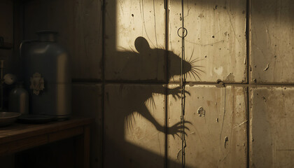 Creepy encounter with an ugly rat shadow in a dark kitchen captivating visuals mysterious atmosphere