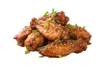 Delicious crispy chicken wings garnished with sesame seeds and green onions, perfectly cooked for an appetizing and flavorful snack or party meal