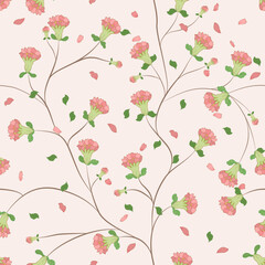 Seamless pink floral pattern with vintage pink flower vine and leaf design