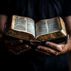 Obraz premium Hands Holding Holy Bible with Light Background