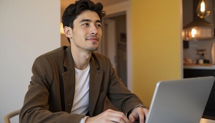 Young Man Working From Home Using Laptop In A Modern Apartment