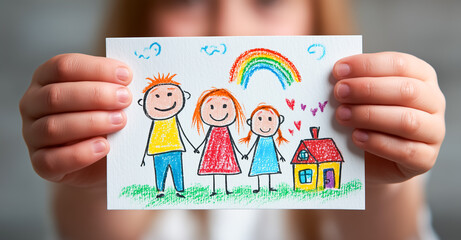 Little girl holding a drawing of her family and a house.