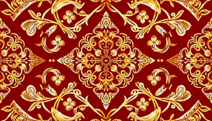 Fototapeta premium Ornate floral pattern in gold and red tones for decor 