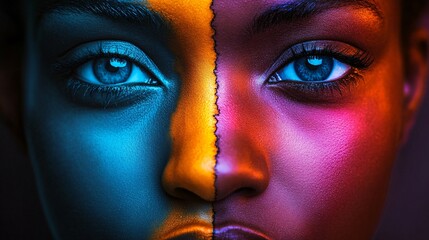 A human face split into two contrasting halves, one side vibrant and joyful, the other dark and melancholic, symbolizing bipolar disorder