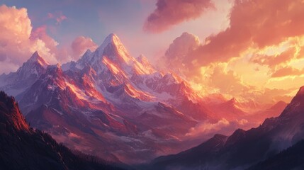 Panoramic view of the great Himalayan range at sunset with glowing peaks