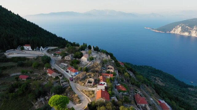 Panoramic drone shot of Pyramids of Exogi village in Ithaca island, Greece