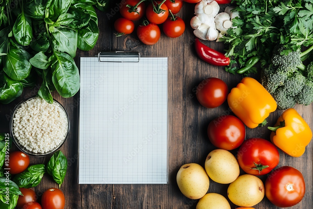 Poster Vibrant Array of Produce and a Clipboard Ready for Culinary Planning on a Wooden Surface : Generative AI