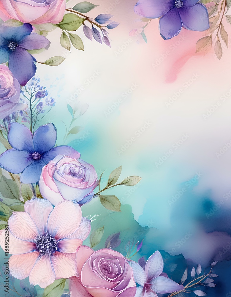 Poster watercolor background with colorful roses with copy space for invitation.